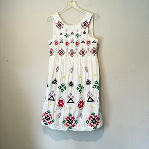 Anthropologie White Embroidered Geometric Boho Mini Dress Back Cutout Womens M